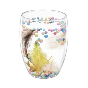 Pahar cu inserție de pene și biluțe colorate pastel, pereți dubli, sticlă borosilicată, 300 ml, Aurora Bloom