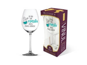 Pahar pentru vin din cristal de Bohemia, cu mesaj amuzant "Cel mai bun remediu pentru proastă dispoziție"