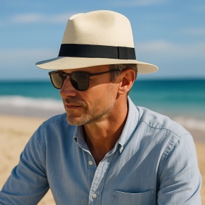 Pălărie de plajă bărbați Aristo, crem (natur), stil fedora, cu bandă neagră, ușoară și respirabilă, protecție solară, diametru 33 cm