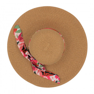 Pălărie de plajă damă Tiara, maro cu fundă florală, boruri largi, stil elegant, ușoară și respirabilă, protecție solară, diametru 43 cm