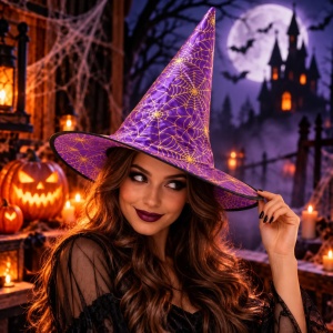 Pălărie de vrăjitoare, 38x38x35 cm, pentru Halloween, mov cu pânze aurii de păianjen