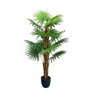 Plantă artificială Palmier 160 cm, bogată în frunze verzi cu detalii realiste, tulpini cu inserții de material natural, ghiveci negru inclus