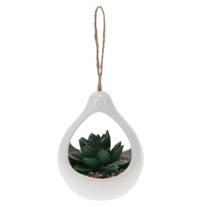 Plantă artificială Suculentă , în suport ceramic alb tip picătură, 14 cm, cu agatatoare din sfoară