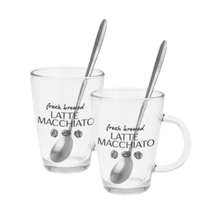 Set 2 căni, cu lingurițe, pentru latte macchiato, Excellent Houseware