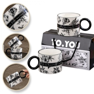 Set 2 căni din ceramică, „TO YOU” alb-negru, în cutie cadou premium, 310 ml, eCarla, KB11