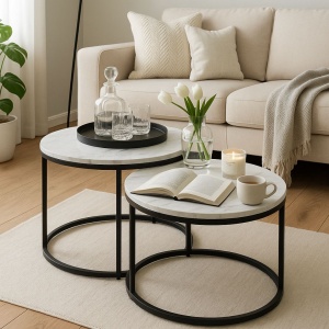 Set 2 Măsuțe Rotunde – Blat MDF cu Aspect Marmură & Cadru Metalic – H&S Collection