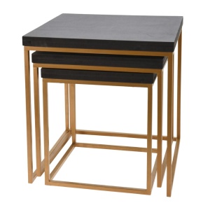 Set 3 măsuțe de cafea suprapozabile, lemn masiv de mango și cadru metalic auriu, negru/auriu, 40x40x42,5 cm, 35x35x35,5 cm, 30x30x34 cm
