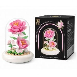Set de construcție, flori de trandafiri roz, cu cupolă și iluminare LED, 158 piese, 12+, KL01, eCarla