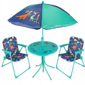 Set de grădină pentru copii, JUMI, masă + 2 scaune + umbrelă, model OM-258631, dinozauri