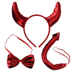 Set diavoliță, 3 piese, cornițe pe bentiță, papion și codiță, roșu metalizat, devil dress up set