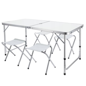 Set mobilier de camping pliabil, Jumi, alb, masă cu picioare reglabile și 4 tabureți
