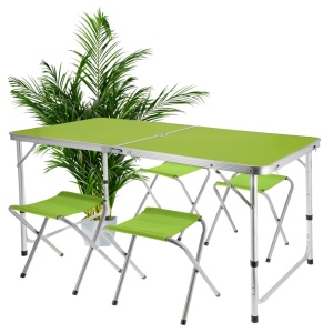 Set mobilier de camping pliabil, Jumi, verde, masă cu picioare reglabile și 4 tabureți