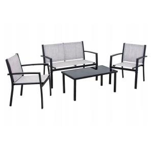 Set mobilier de grădină Jumi, canapea, 2 fotolii și măsuță de cafea, oțel și textilenă, gri
