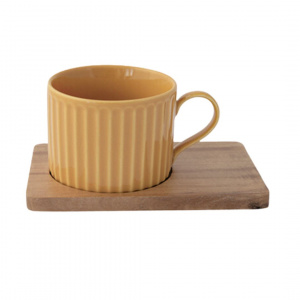 Set porțelan 2 căni 250ml și farfurii lemn acacia albastru/portocaliu - Img 2