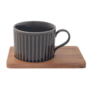 Set porțelan 2 căni 250ml și farfurii lemn acacia gri/verzuliu - Img 2