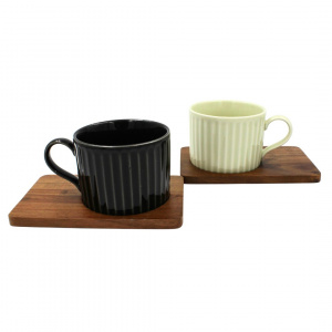 Set porțelan 2 căni 250ml și farfurii lemn acacia gri/verzuliu - Img 7