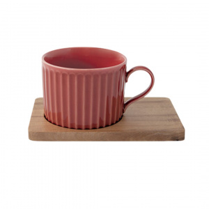 Set porțelan 2 căni 250ml și farfurii lemn acacia roșu/gri - Img 2