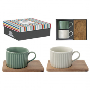Set porțelan 2 căni 250ml și farfurii lemn acacia verde/gri - Img 5