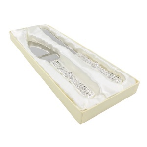 Set tort nuntă AZAY cu cristale – cuțit 32 cm și spatulă 26 cm, set servire tort elegant, accesorii nuntă, cadou premium femei