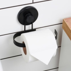 Suport hârtie igienică, Bathroom Solutions, prindere cu ventuză, negru mat, 14x8x11 cm