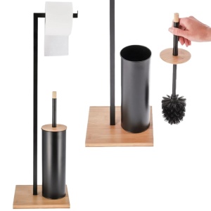 Suport pentru hârtie igienică, Jumi, cu perie WC, metal și bambus, culoare negru