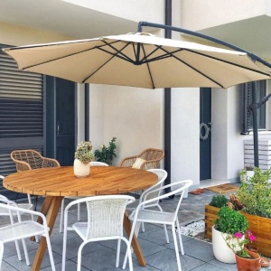Umbrelă de grădină, Jumi, material textil bej, 250x300 cm, cu bază metalică