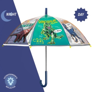 Umbrelă manuală, Perletti, transparentă POE, model dinozauri, cu elemente reflectorizante, colecția Cool Kids, 65 cm