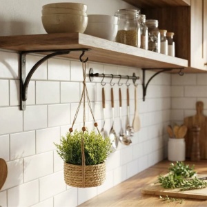 Artificial rosemary plant (11 cm) in a woven hanging basket with a hanger – rustic indoor herb-style decor