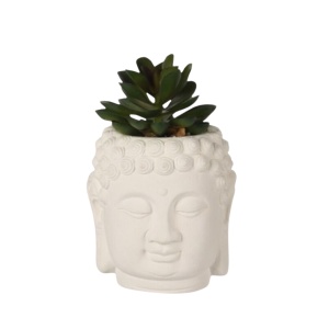Plantă artificială Suculentă în ghiveci de ciment 12.5 cm, formă de statuetă cap Buddha, alb cu verde
