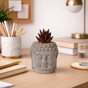 Artificial succulent plant in a cement pot (12.5 cm), Buddha head statue shape, grey and purple.