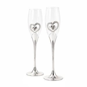Set pahare șampanie AZAY cu inimă decorativă și cristale, 26.5 cm, pahare flute elegante, cadou cu cutie premium și tissue paper