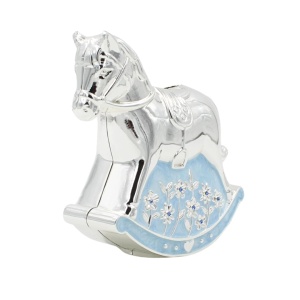 Pușculiță Decorativă Căluț Balansoar AZAY, 11x11 cm, Design Elegant Argintiu cu Detalii Albastre – Cadou Premium Copii & Botez