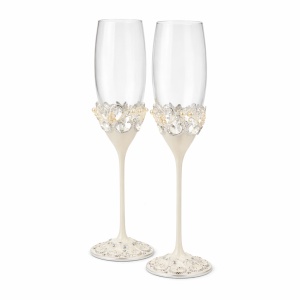 Set pahare șampanie AZAY ivory cu perle și cristale, 25.5 cm, pahare flute elegante, cadou premium cu cutie și tissue paper