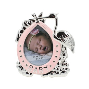 Ramă Foto BABY Barză Roz AZAY cu Cristale, 8x10 cm, Ramă Foto Nou-Născut, Cadou Botez Fetiță, Cutie Cadou Inclusă