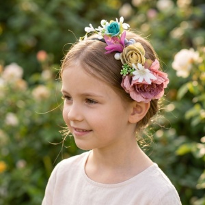 Bentiță de păr, cu flori multicolore, Zooky, bentiță florală fete, accesorii păr elegante evenimente