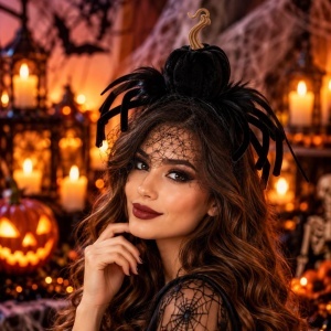 Bentiță Halloween, dovleac negru din pluș, cu codiță curbată, picioare de păianjen, pene decorative și voal din plasă neagră, accesoriu costum gothic horror