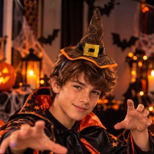 Bentiță Halloween, pălărie de vrăjitoare, cu vârf ascuțit, paiete portocalii, bandă neagră și cataramă aurie cu sclipici, boruri largi cu margine portocalie, accesoriu costum vrăjitoare