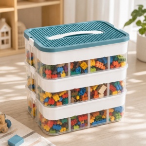 Organizator pentru piese de construcție, 3 niveluri, eCarla, capac tip placă de construcție, 31 x 30 x 22 cm, CB82