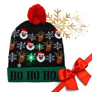 Căciulă pentru copii, cu LED-uri și pompom, CZ52, eCarla, model „HO HO HO”