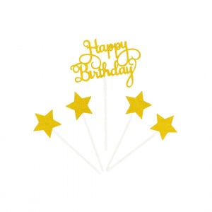 Cake Topper pentru tort cu mesaj Happy Birthday culoarea auriu glitter