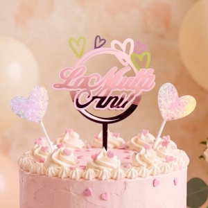 Cake Topper pentru tort cu mesaj La multi ani, cerc roz și inimioare