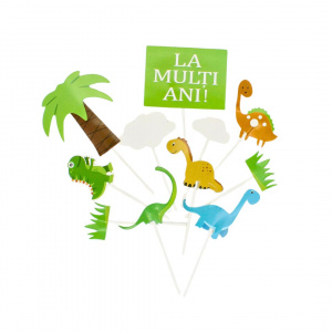 Cake Topper pentru tort, cu tematică dinozauri și mesaj La Mulți Ani