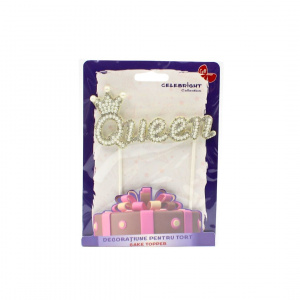 Cake Topper pentru tort cu text Queen, cu perle argintii