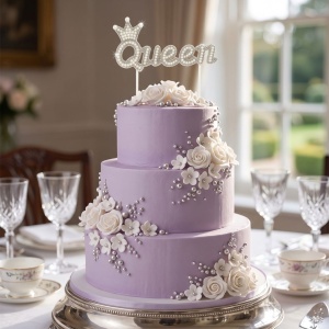 Cake Topper pentru tort cu text Queen, cu perle argintii
