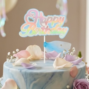 Cake Topper pentru tort model Happy Birthday cu fundiță bleu