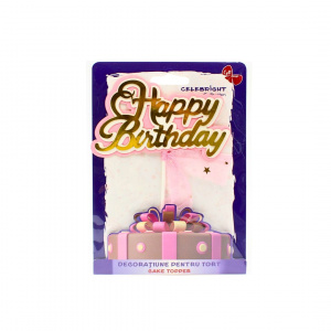 Cake Topper pentru tort model Happy Birthday cu fundiță roz