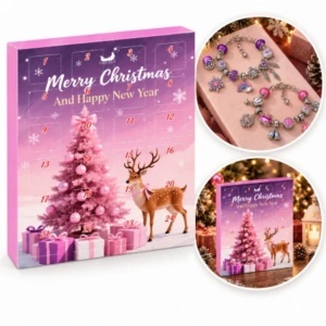 Calendar advent de Crăciun, pentru fete, 24 surprize cu bijuterii, 2 brățări, 2 coliere și charm-uri decorative, roz-mov, KA02