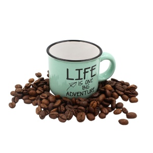 Cană cafea espresso Nekupto 80 ml, ceramică, gri, mesajul „LIFE IS ONE BIG ADVENTURE”