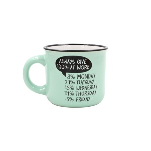 Cană cafea espresso Nekupto 80 ml, ceramică, verde, mesajul „ALWAYS GIVE 100% AT WORK”