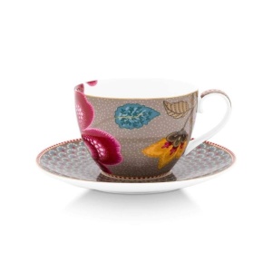 Cană cu farfurioară, Pip Studio, 300 ml, Khaki, colecția Blooming Tales